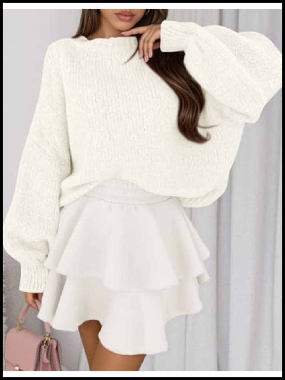 Chunky Knit Oversized Pullover Sweater Women Crewneck Lantern Sleeve - Picture 2 of 6